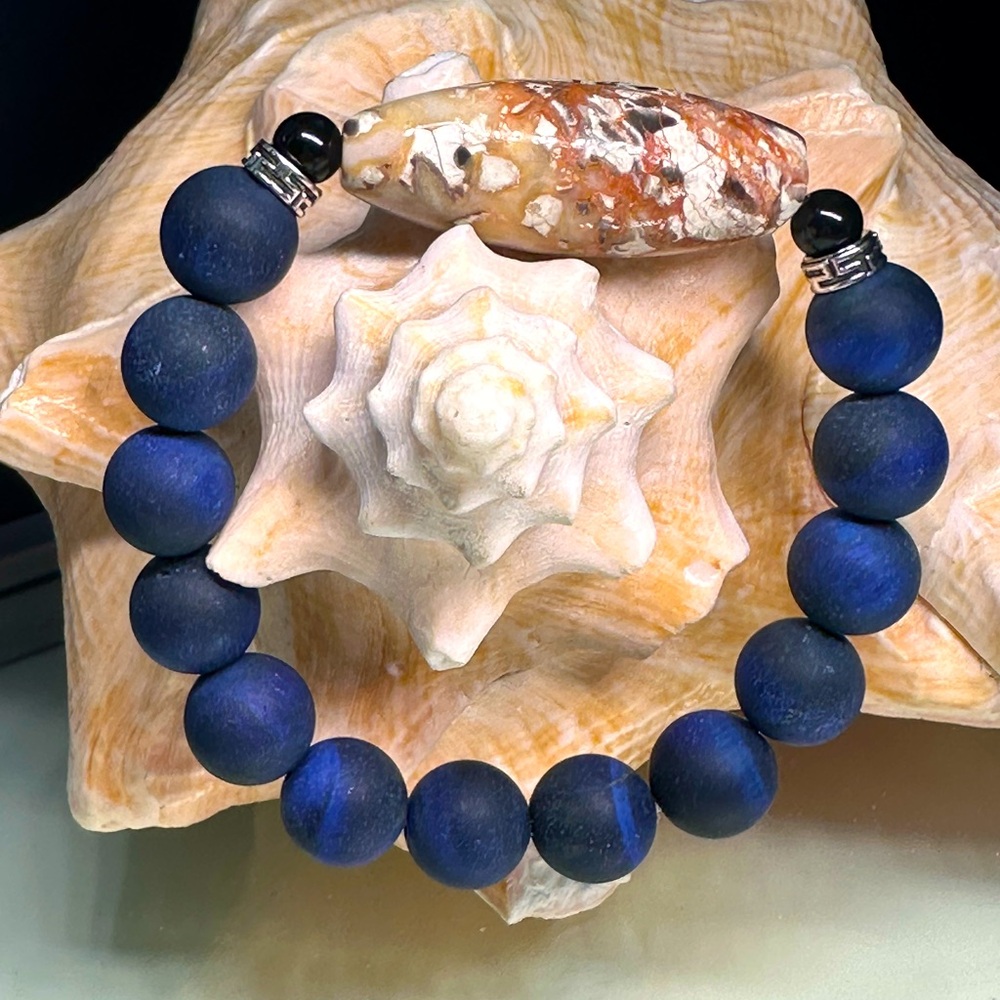 MATTE BLUE TIGERS EYE +MUSHROOM JASPER  NATURAL BRACELET SIZE 7”